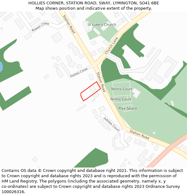 HOLLIES CORNER, STATION ROAD, SWAY, LYMINGTON, SO41 6BE: Location map and indicative extent of plot