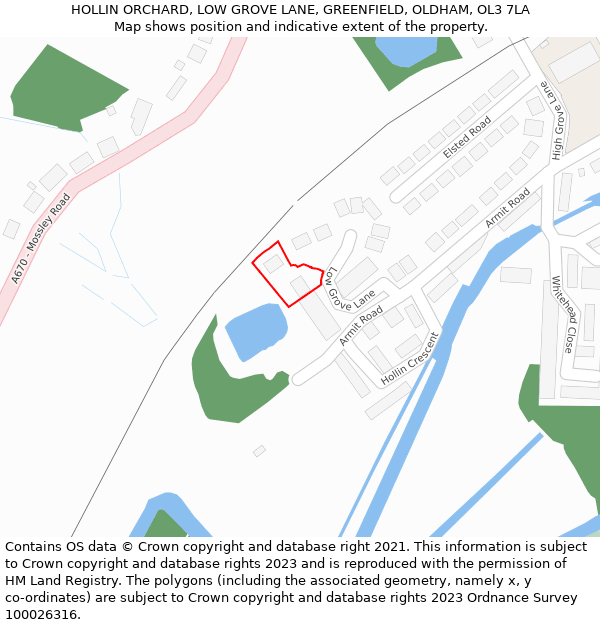 HOLLIN ORCHARD, LOW GROVE LANE, GREENFIELD, OLDHAM, OL3 7LA: Location map and indicative extent of plot