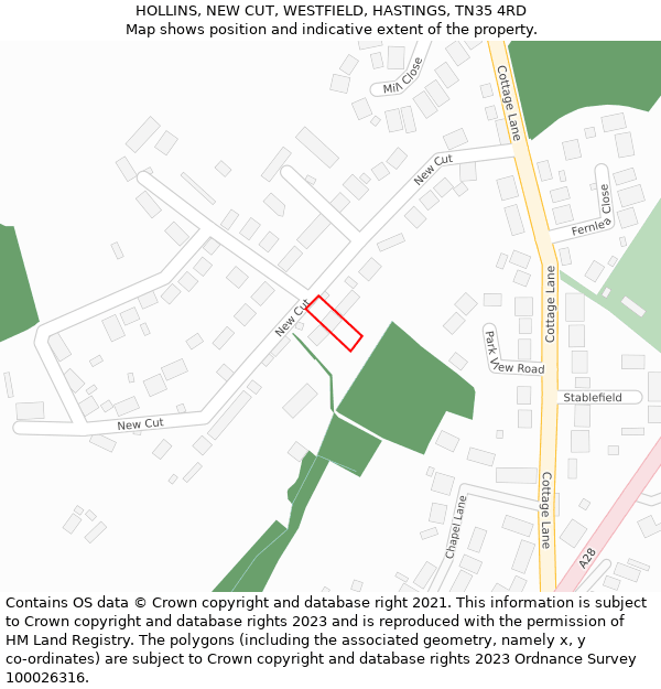 HOLLINS, NEW CUT, WESTFIELD, HASTINGS, TN35 4RD: Location map and indicative extent of plot