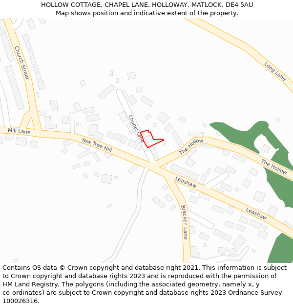 HOLLOW COTTAGE, CHAPEL LANE, HOLLOWAY, MATLOCK, DE4 5AU: Location map and indicative extent of plot