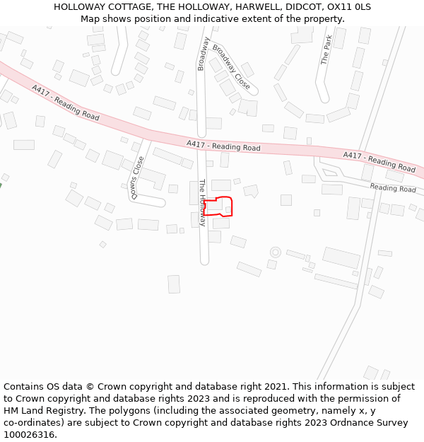 HOLLOWAY COTTAGE, THE HOLLOWAY, HARWELL, DIDCOT, OX11 0LS: Location map and indicative extent of plot