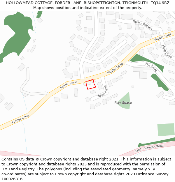 HOLLOWMEAD COTTAGE, FORDER LANE, BISHOPSTEIGNTON, TEIGNMOUTH, TQ14 9RZ: Location map and indicative extent of plot