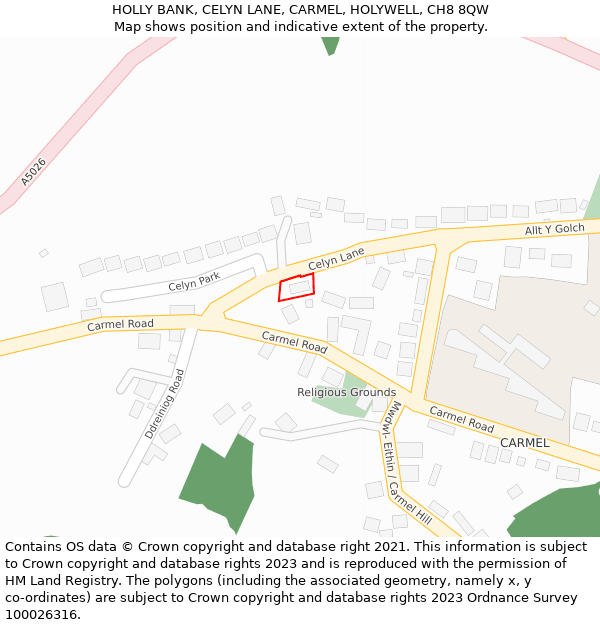 HOLLY BANK, CELYN LANE, CARMEL, HOLYWELL, CH8 8QW: Location map and indicative extent of plot