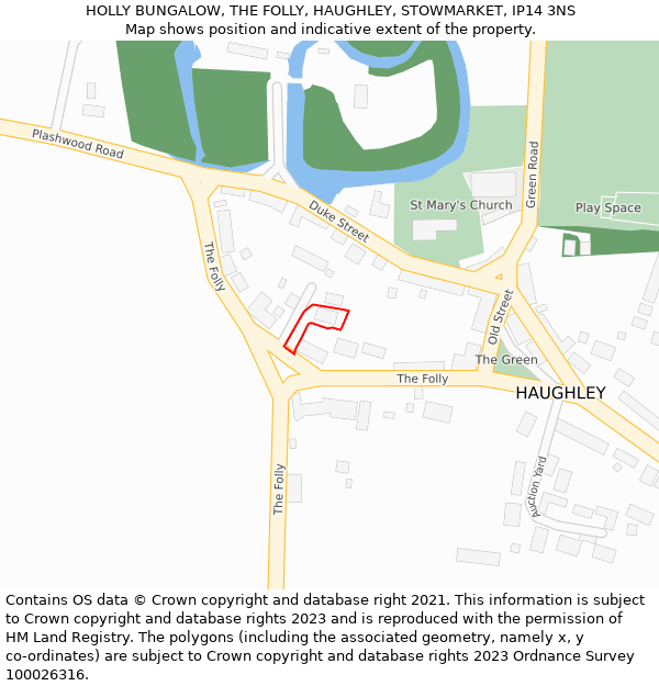 HOLLY BUNGALOW, THE FOLLY, HAUGHLEY, STOWMARKET, IP14 3NS: Location map and indicative extent of plot