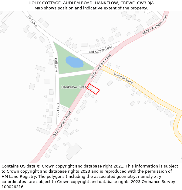 HOLLY COTTAGE, AUDLEM ROAD, HANKELOW, CREWE, CW3 0JA: Location map and indicative extent of plot