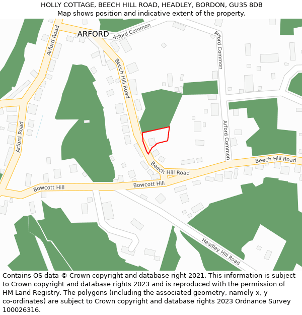 HOLLY COTTAGE, BEECH HILL ROAD, HEADLEY, BORDON, GU35 8DB: Location map and indicative extent of plot