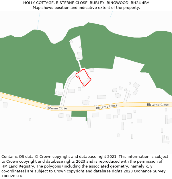 HOLLY COTTAGE, BISTERNE CLOSE, BURLEY, RINGWOOD, BH24 4BA: Location map and indicative extent of plot