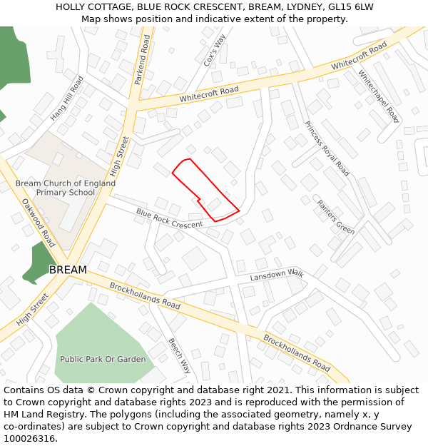 HOLLY COTTAGE, BLUE ROCK CRESCENT, BREAM, LYDNEY, GL15 6LW: Location map and indicative extent of plot