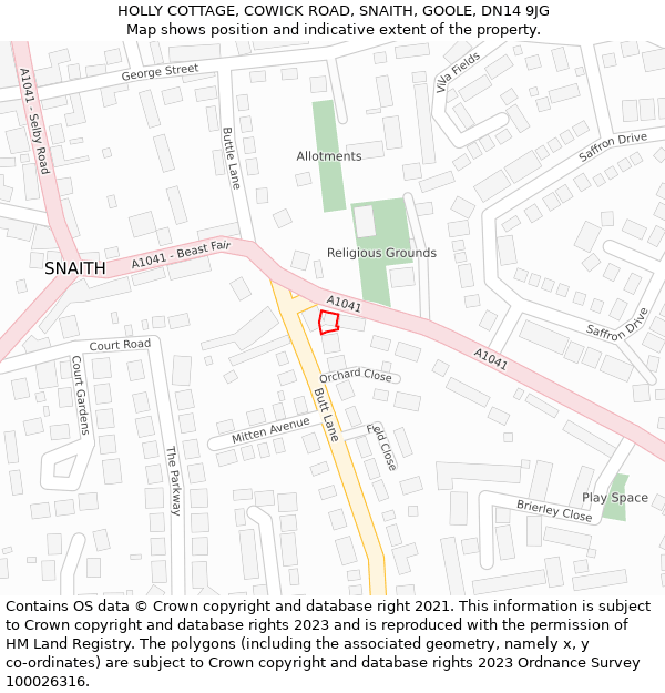 HOLLY COTTAGE, COWICK ROAD, SNAITH, GOOLE, DN14 9JG: Location map and indicative extent of plot