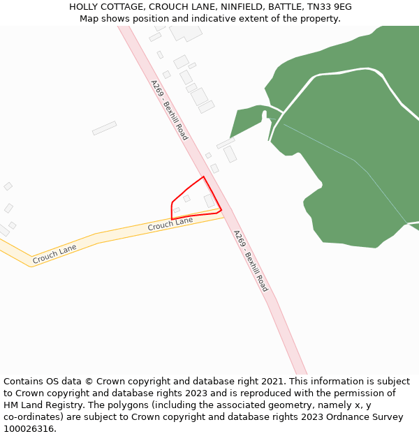 HOLLY COTTAGE, CROUCH LANE, NINFIELD, BATTLE, TN33 9EG: Location map and indicative extent of plot