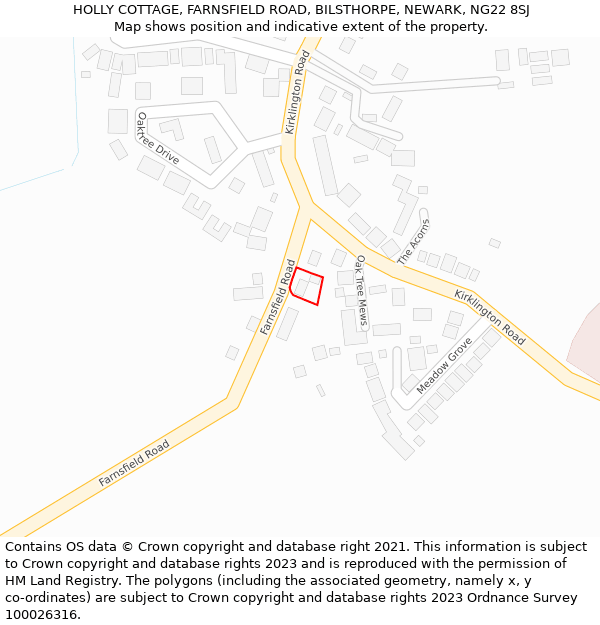 HOLLY COTTAGE, FARNSFIELD ROAD, BILSTHORPE, NEWARK, NG22 8SJ: Location map and indicative extent of plot