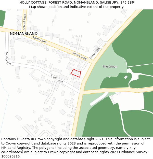 HOLLY COTTAGE, FOREST ROAD, NOMANSLAND, SALISBURY, SP5 2BP: Location map and indicative extent of plot