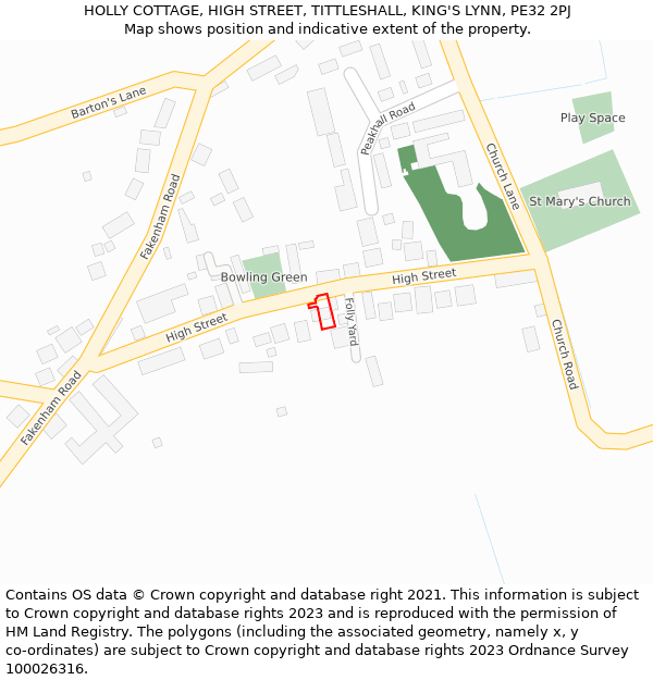 HOLLY COTTAGE, HIGH STREET, TITTLESHALL, KING'S LYNN, PE32 2PJ: Location map and indicative extent of plot