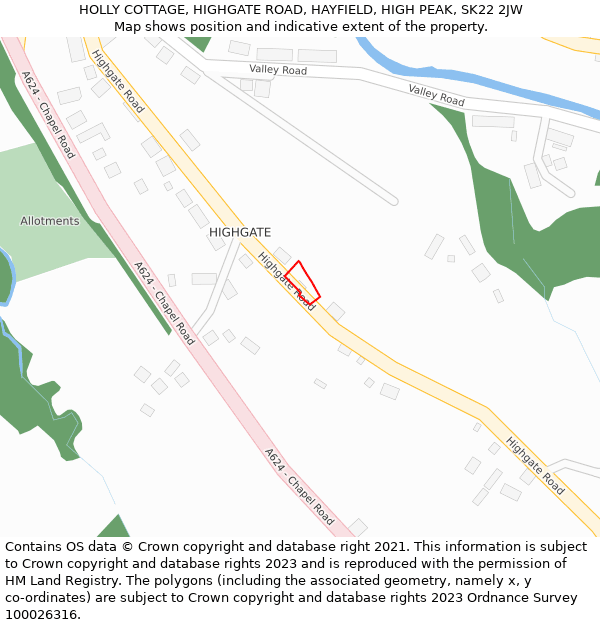 HOLLY COTTAGE, HIGHGATE ROAD, HAYFIELD, HIGH PEAK, SK22 2JW: Location map and indicative extent of plot