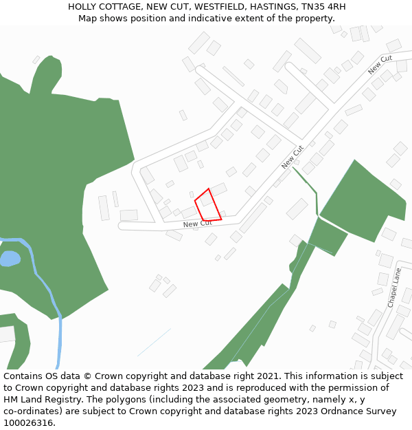 HOLLY COTTAGE, NEW CUT, WESTFIELD, HASTINGS, TN35 4RH: Location map and indicative extent of plot