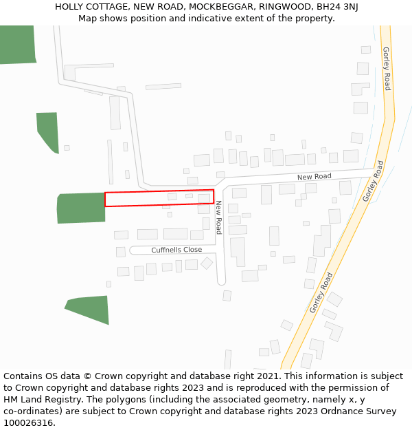 HOLLY COTTAGE, NEW ROAD, MOCKBEGGAR, RINGWOOD, BH24 3NJ: Location map and indicative extent of plot