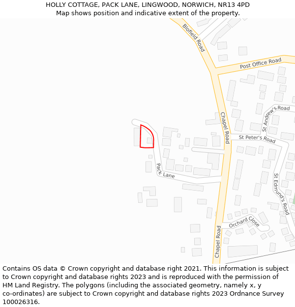 HOLLY COTTAGE, PACK LANE, LINGWOOD, NORWICH, NR13 4PD: Location map and indicative extent of plot