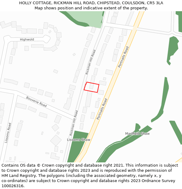 HOLLY COTTAGE, RICKMAN HILL ROAD, CHIPSTEAD, COULSDON, CR5 3LA: Location map and indicative extent of plot