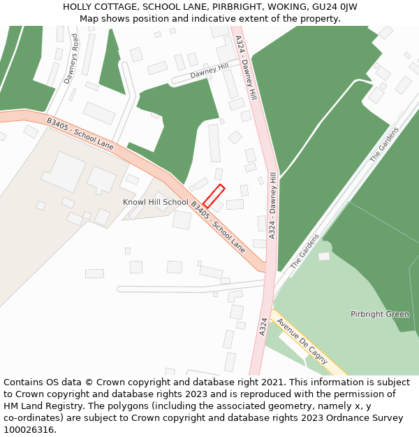 HOLLY COTTAGE, SCHOOL LANE, PIRBRIGHT, WOKING, GU24 0JW: Location map and indicative extent of plot