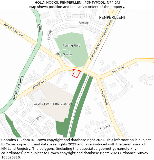 HOLLY HOCKS, PENPERLLENI, PONTYPOOL, NP4 0AJ: Location map and indicative extent of plot