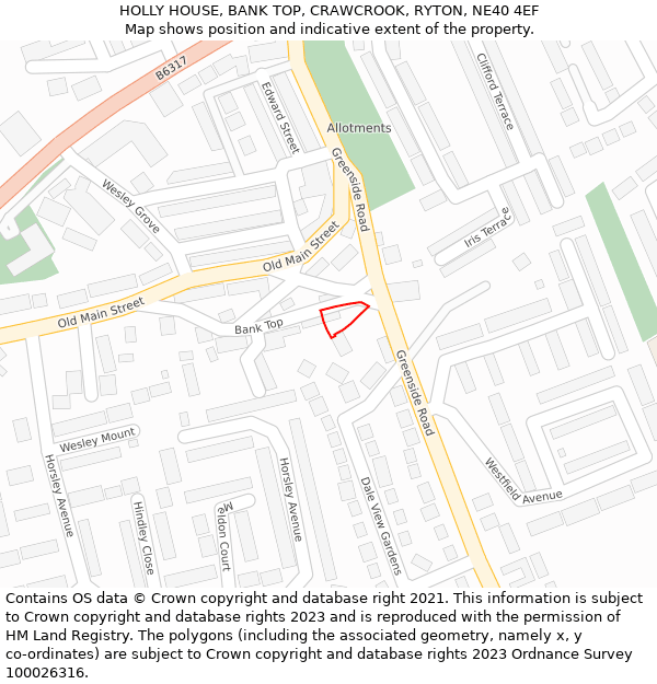 HOLLY HOUSE, BANK TOP, CRAWCROOK, RYTON, NE40 4EF: Location map and indicative extent of plot