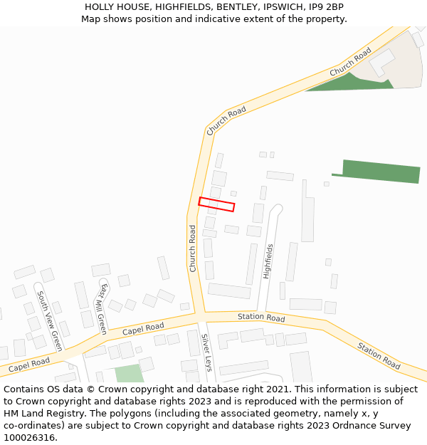 HOLLY HOUSE, HIGHFIELDS, BENTLEY, IPSWICH, IP9 2BP: Location map and indicative extent of plot