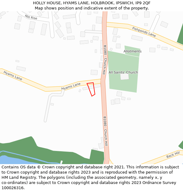 HOLLY HOUSE, HYAMS LANE, HOLBROOK, IPSWICH, IP9 2QF: Location map and indicative extent of plot