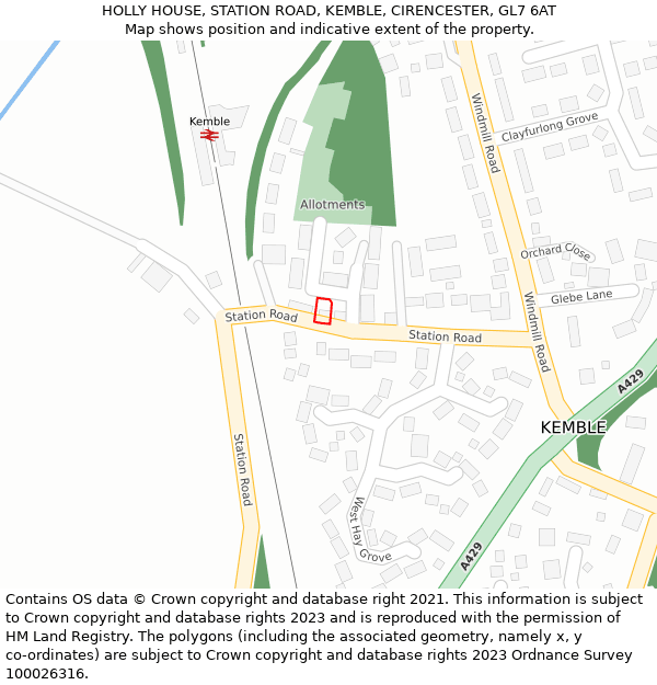 HOLLY HOUSE, STATION ROAD, KEMBLE, CIRENCESTER, GL7 6AT: Location map and indicative extent of plot
