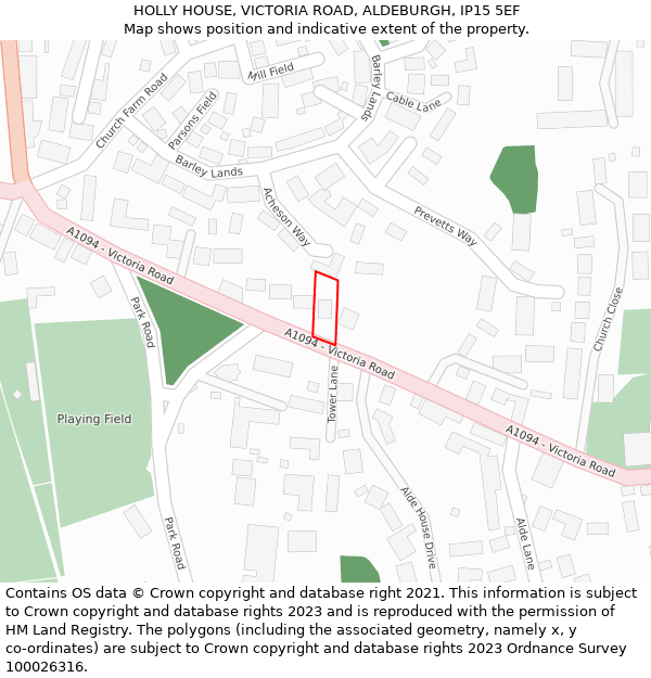 HOLLY HOUSE, VICTORIA ROAD, ALDEBURGH, IP15 5EF: Location map and indicative extent of plot