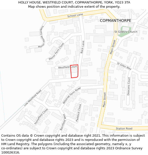 HOLLY HOUSE, WESTFIELD COURT, COPMANTHORPE, YORK, YO23 3TA: Location map and indicative extent of plot