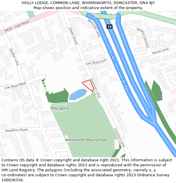 HOLLY LODGE, COMMON LANE, WARMSWORTH, DONCASTER, DN4 9JY: Location map and indicative extent of plot