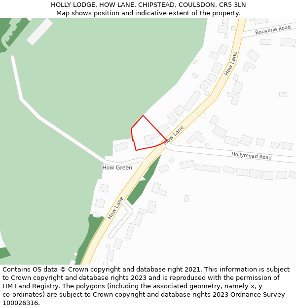 HOLLY LODGE, HOW LANE, CHIPSTEAD, COULSDON, CR5 3LN: Location map and indicative extent of plot