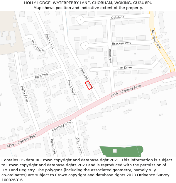 HOLLY LODGE, WATERPERRY LANE, CHOBHAM, WOKING, GU24 8PU: Location map and indicative extent of plot