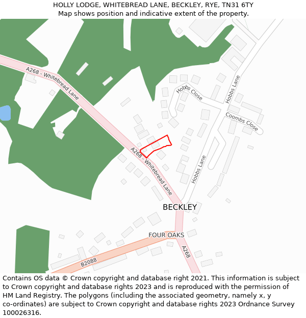 HOLLY LODGE, WHITEBREAD LANE, BECKLEY, RYE, TN31 6TY: Location map and indicative extent of plot