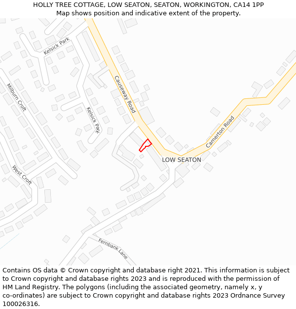 HOLLY TREE COTTAGE, LOW SEATON, SEATON, WORKINGTON, CA14 1PP: Location map and indicative extent of plot