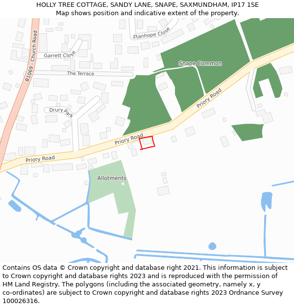 HOLLY TREE COTTAGE, SANDY LANE, SNAPE, SAXMUNDHAM, IP17 1SE: Location map and indicative extent of plot