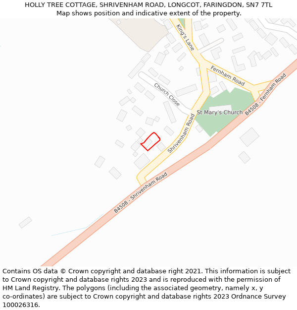 HOLLY TREE COTTAGE, SHRIVENHAM ROAD, LONGCOT, FARINGDON, SN7 7TL: Location map and indicative extent of plot