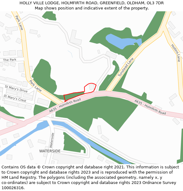 HOLLY VILLE LODGE, HOLMFIRTH ROAD, GREENFIELD, OLDHAM, OL3 7DR: Location map and indicative extent of plot