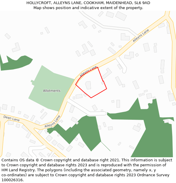 HOLLYCROFT, ALLEYNS LANE, COOKHAM, MAIDENHEAD, SL6 9AD: Location map and indicative extent of plot