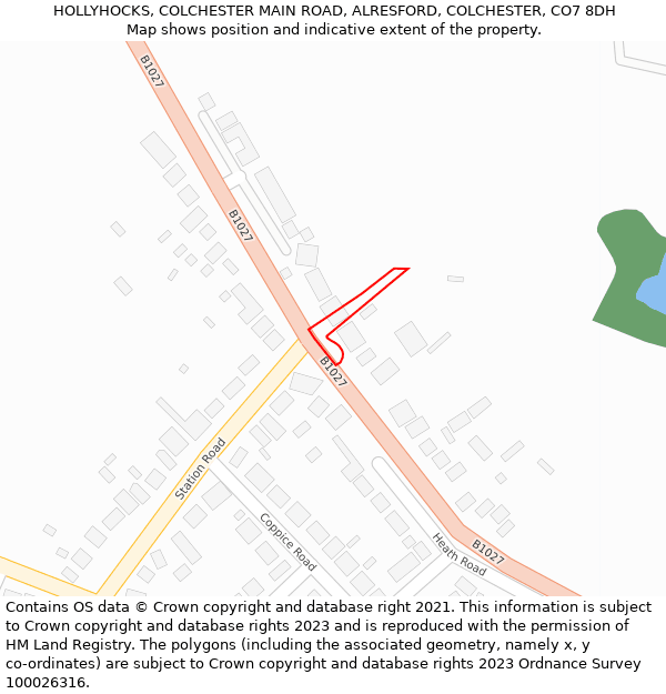 HOLLYHOCKS, COLCHESTER MAIN ROAD, ALRESFORD, COLCHESTER, CO7 8DH: Location map and indicative extent of plot