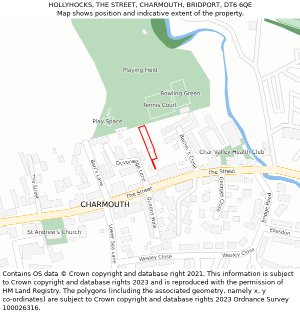 HOLLYHOCKS, THE STREET, CHARMOUTH, BRIDPORT, DT6 6QE: Location map and indicative extent of plot