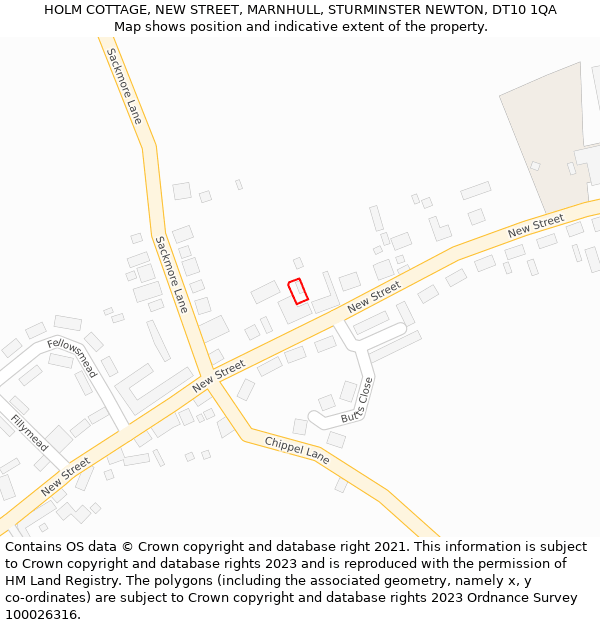 HOLM COTTAGE, NEW STREET, MARNHULL, STURMINSTER NEWTON, DT10 1QA: Location map and indicative extent of plot