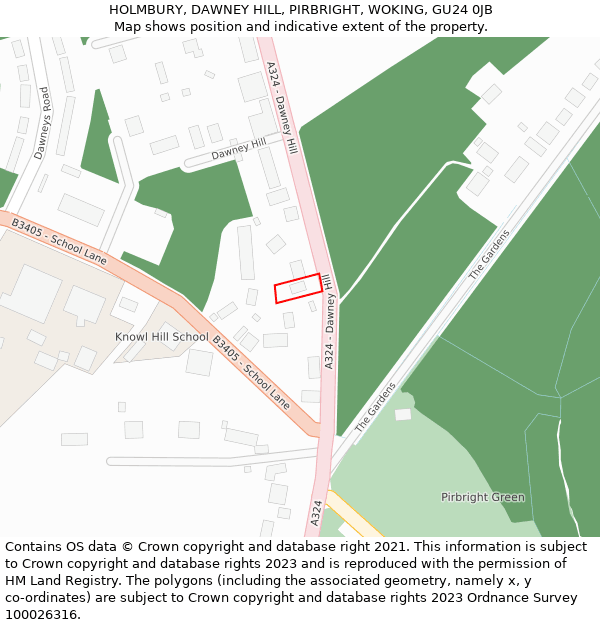 HOLMBURY, DAWNEY HILL, PIRBRIGHT, WOKING, GU24 0JB: Location map and indicative extent of plot