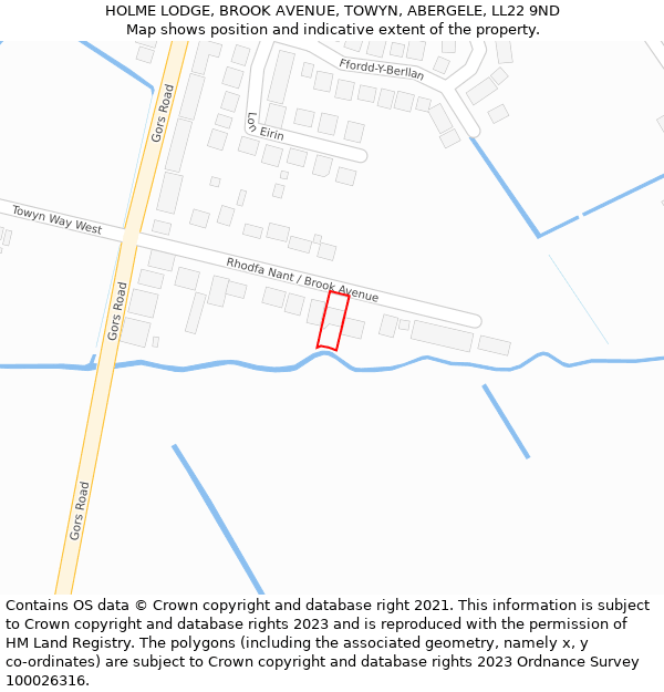 HOLME LODGE, BROOK AVENUE, TOWYN, ABERGELE, LL22 9ND: Location map and indicative extent of plot