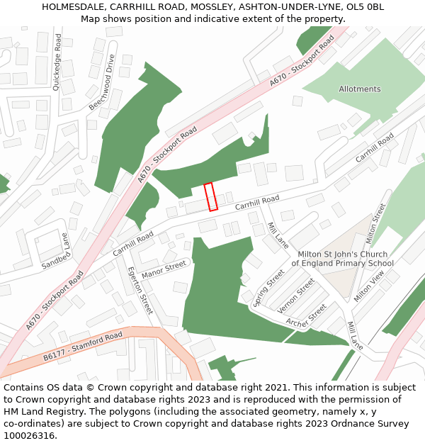 HOLMESDALE, CARRHILL ROAD, MOSSLEY, ASHTON-UNDER-LYNE, OL5 0BL: Location map and indicative extent of plot