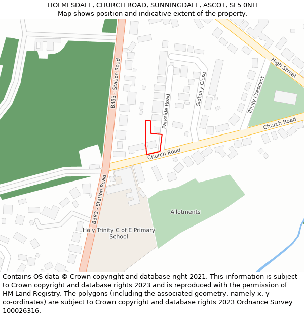 HOLMESDALE, CHURCH ROAD, SUNNINGDALE, ASCOT, SL5 0NH: Location map and indicative extent of plot