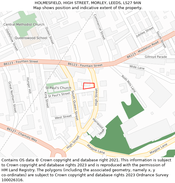 HOLMESFIELD, HIGH STREET, MORLEY, LEEDS, LS27 9AN: Location map and indicative extent of plot