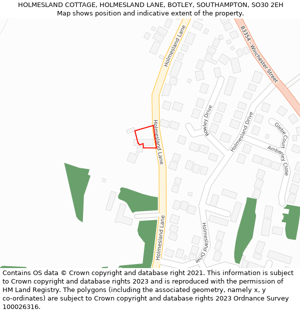 HOLMESLAND COTTAGE, HOLMESLAND LANE, BOTLEY, SOUTHAMPTON, SO30 2EH: Location map and indicative extent of plot