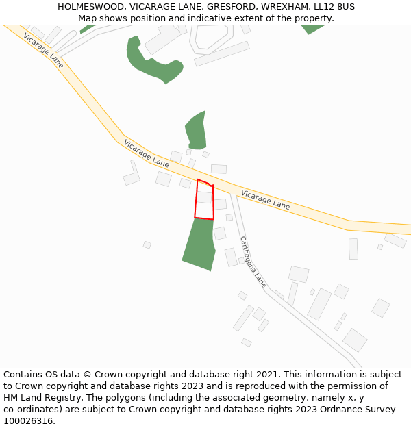 HOLMESWOOD, VICARAGE LANE, GRESFORD, WREXHAM, LL12 8US: Location map and indicative extent of plot