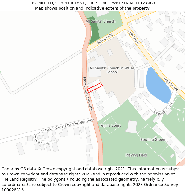HOLMFIELD, CLAPPER LANE, GRESFORD, WREXHAM, LL12 8RW: Location map and indicative extent of plot